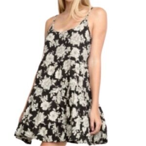 Brandy Melville Floral Mini Dress Black White Spaghetti Strap Tiered Babydoll OS